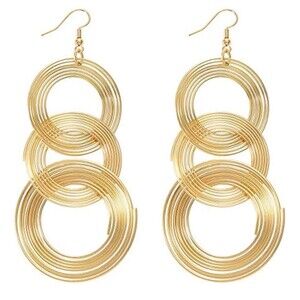 Women Gold Plated Long 70s Disco Earrings hoop round 3 circles Multi-layer dr...